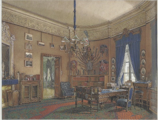 Кабинет цесаревича Николая Александровича (1843 - 1865), акварель Э.П. Гау, 1865 г.